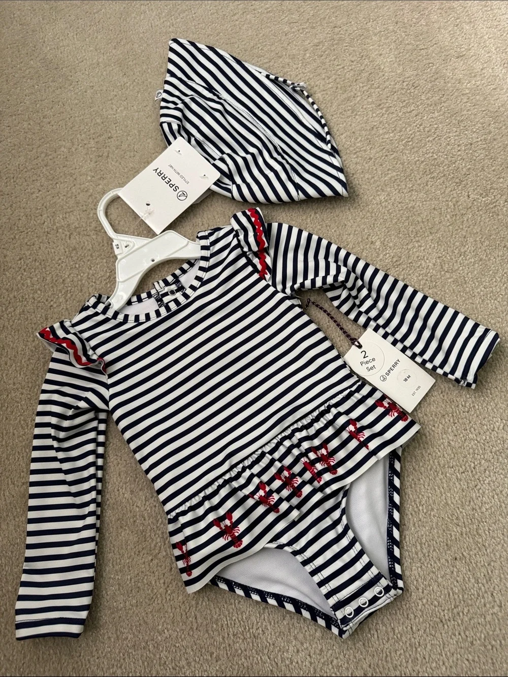 Sperry Navy & White Striped Long-Sleeve One-Piece Swim Set with Red Trim
